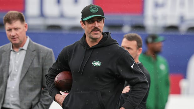 Jets quarterback Aaron Rodgers attended Sunday's game against the Giants at the Meadowlands in Week 8 of the NFL season.